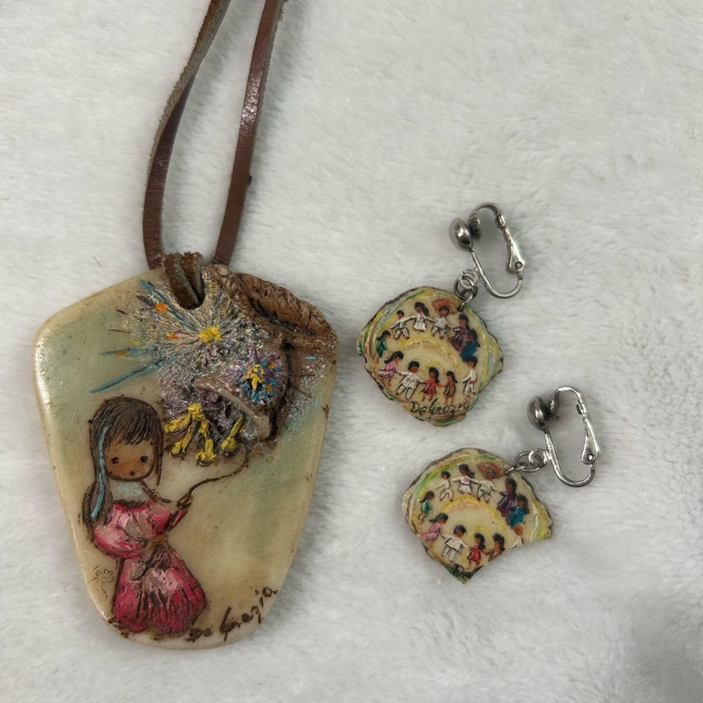 DeGrazia "Bell of Hope" Hand-Painted Necklace And Children Playing Earrings